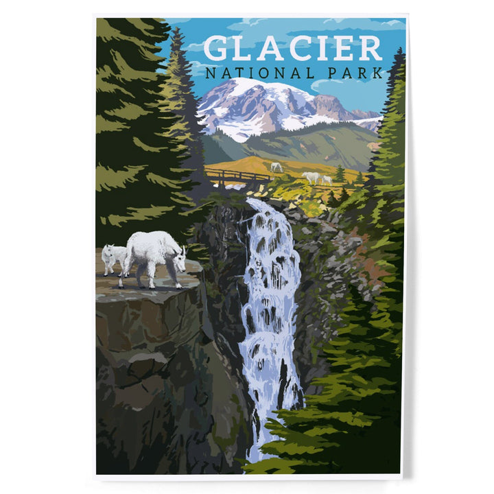 Glacier National Park, Montana, Mountain Goats and Waterfall, Art & Giclee Prints - Lantern Press