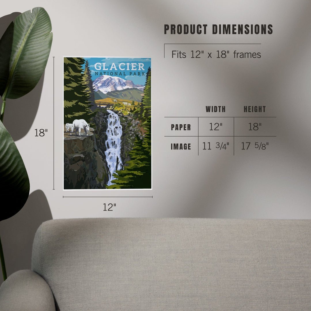 Glacier National Park, Montana, Mountain Goats and Waterfall, Art & Giclee Prints - Lantern Press