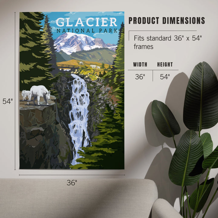 Glacier National Park, Montana, Mountain Goats and Waterfall, Art & Giclee Prints - Lantern Press