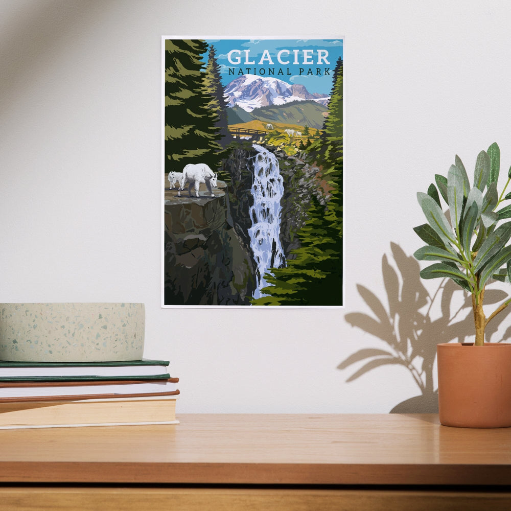 Glacier National Park, Montana, Mountain Goats and Waterfall, Art & Giclee Prints - Lantern Press