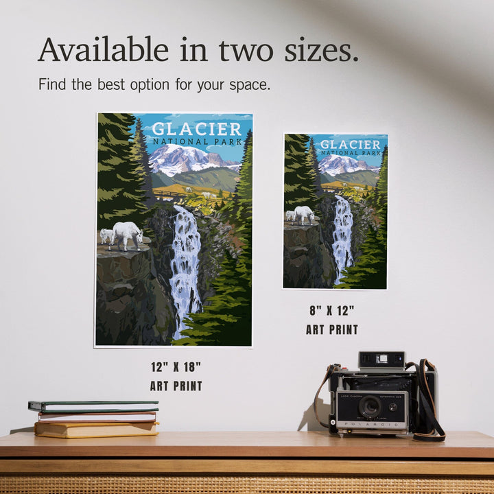 Glacier National Park, Montana, Mountain Goats and Waterfall, Art & Giclee Prints - Lantern Press