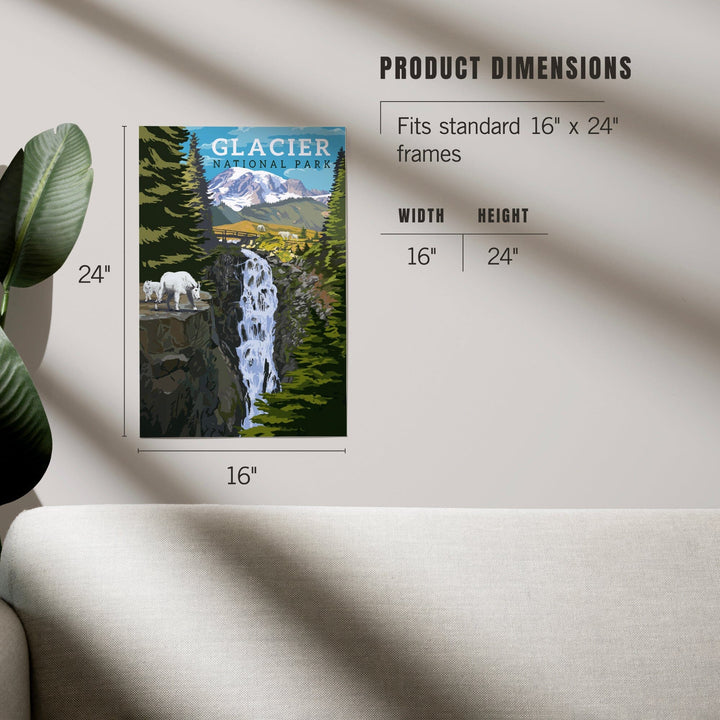 Glacier National Park, Montana, Mountain Goats and Waterfall, Art & Giclee Prints - Lantern Press