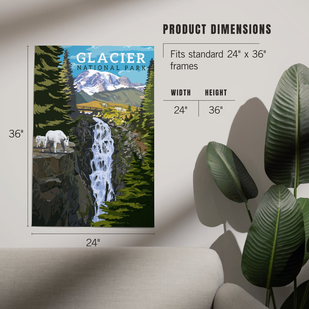 Glacier National Park, Montana, Mountain Goats and Waterfall, Art & Giclee Prints - Lantern Press