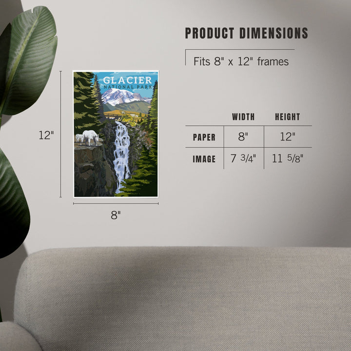 Glacier National Park, Montana, Mountain Goats and Waterfall, Art & Giclee Prints - Lantern Press