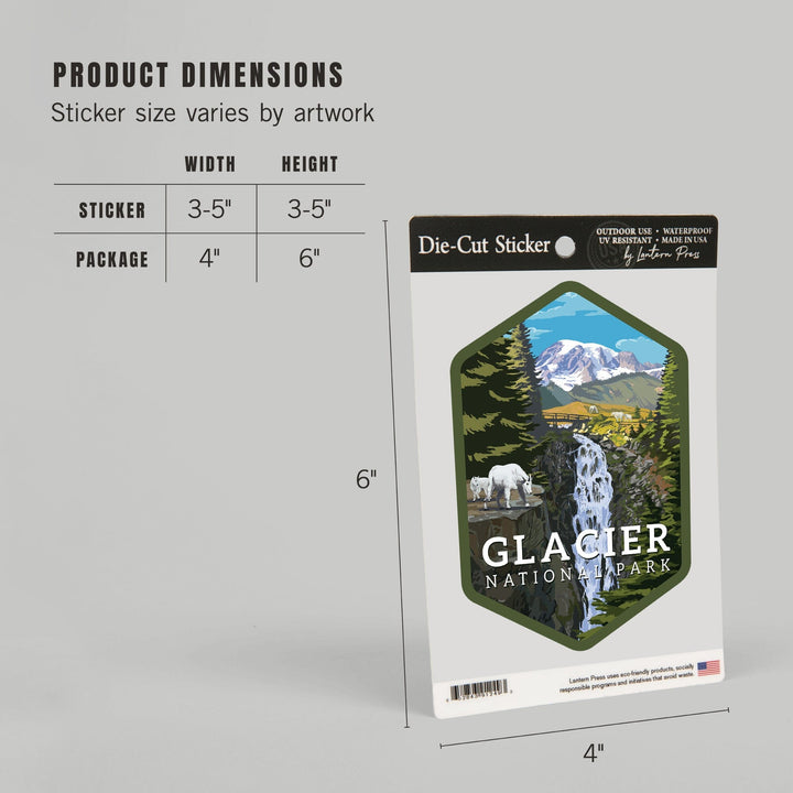 Glacier National Park, Montana, Mountain Goats and Waterfall, Contour, Vinyl Sticker Sticker Lantern Press