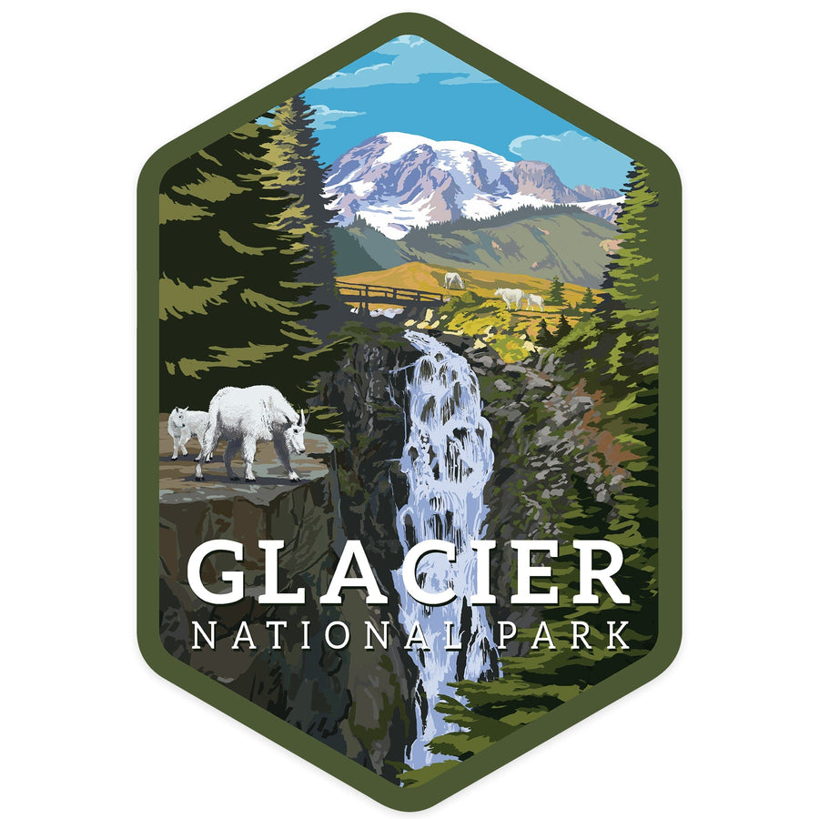 Glacier National Park, Montana, Mountain Goats and Waterfall, Contour, Vinyl Sticker Sticker Lantern Press