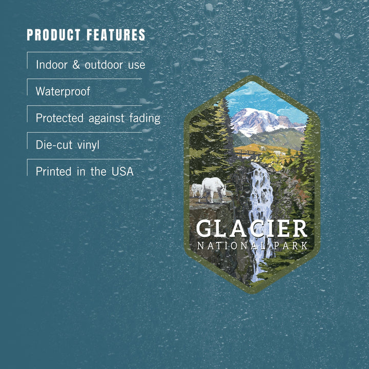 Glacier National Park, Montana, Mountain Goats and Waterfall, Contour, Vinyl Sticker Sticker Lantern Press