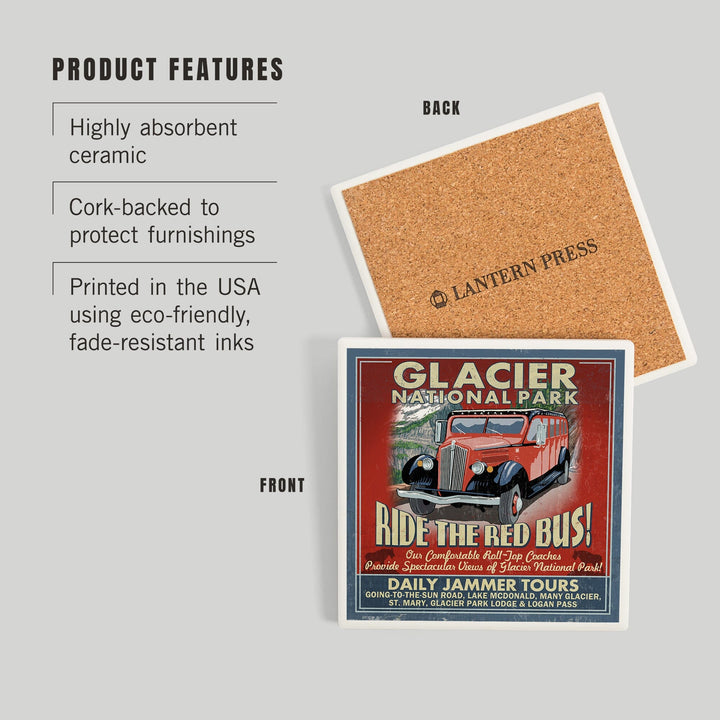 Glacier National Park, Red Jammer Vintage Sign, Coasters Coasters Lantern Press