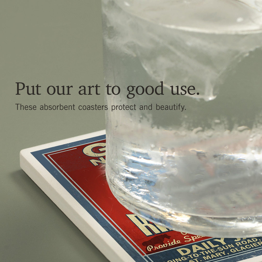 Glacier National Park, Red Jammer Vintage Sign, Coasters Coasters Lantern Press