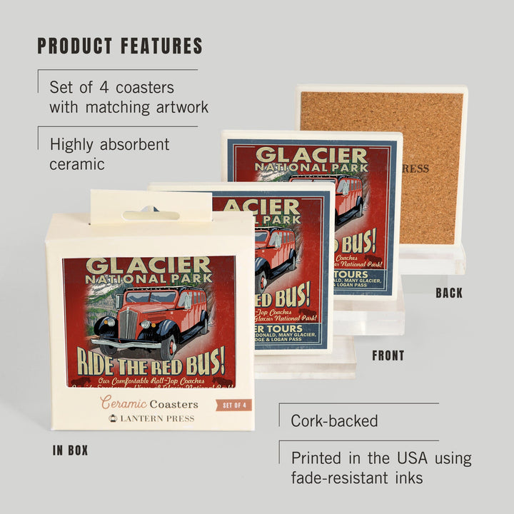 Glacier National Park, Red Jammer Vintage Sign, Coasters Coasters Lantern Press