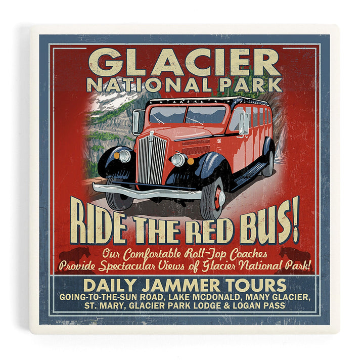 Glacier National Park, Red Jammer Vintage Sign, Coasters Coasters Lantern Press Coaster