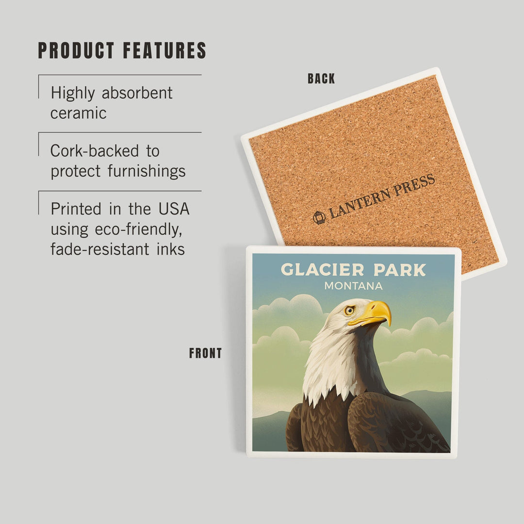 Glacier Park, Montana, Lithograph Wildlife Series, Bald Eagle, Coasters Coasters Lantern Press