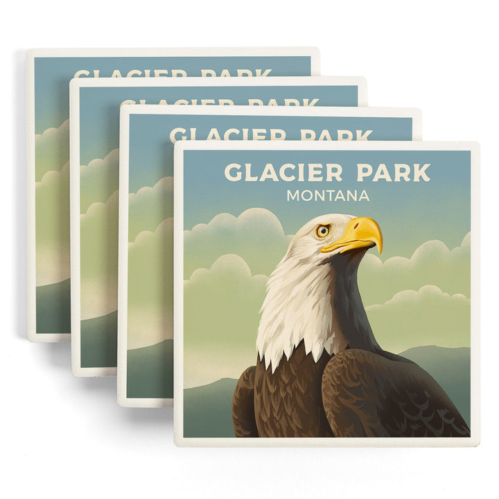 Glacier Park, Montana, Lithograph Wildlife Series, Bald Eagle, Coasters Coasters Lantern Press