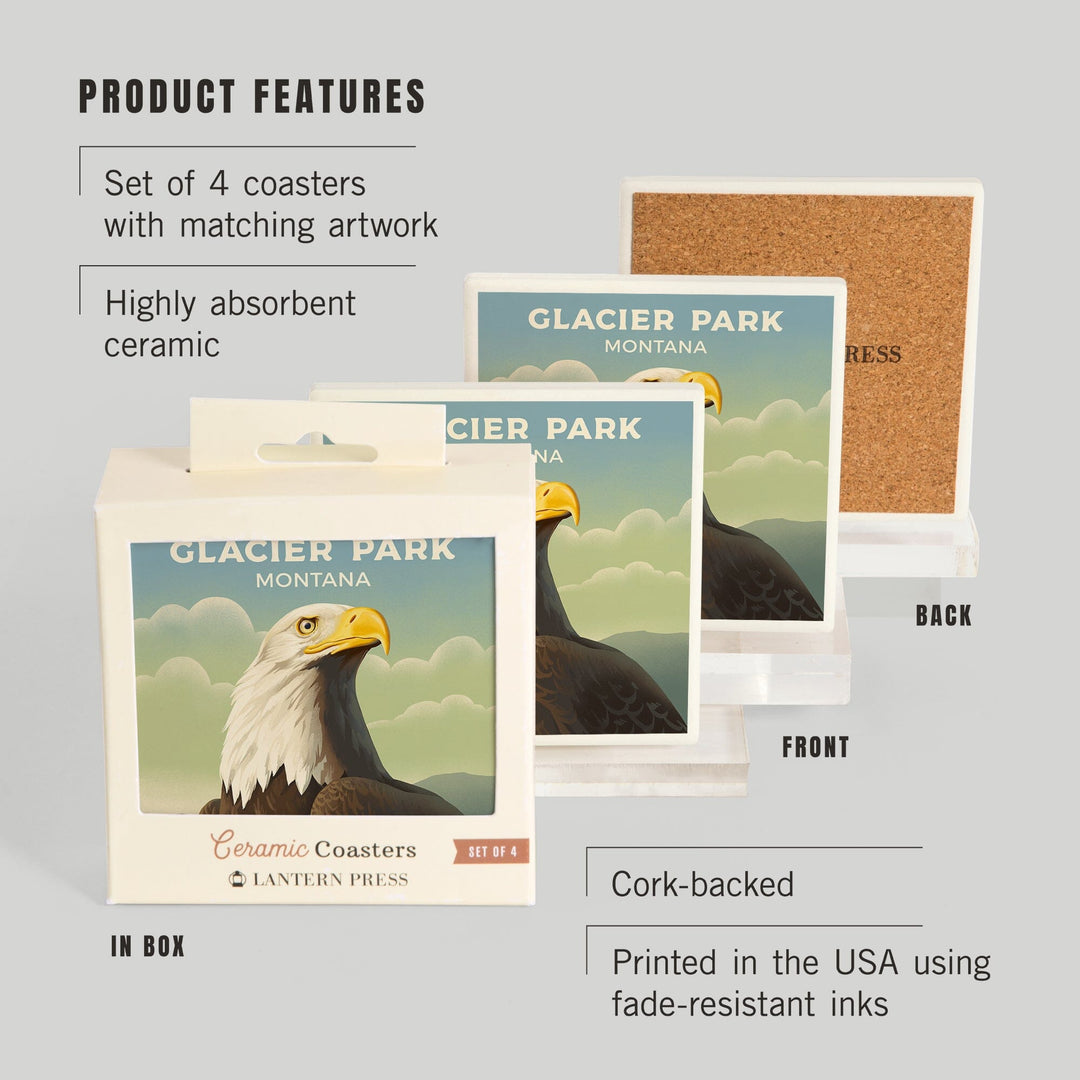 Glacier Park, Montana, Lithograph Wildlife Series, Bald Eagle, Coasters Coasters Lantern Press