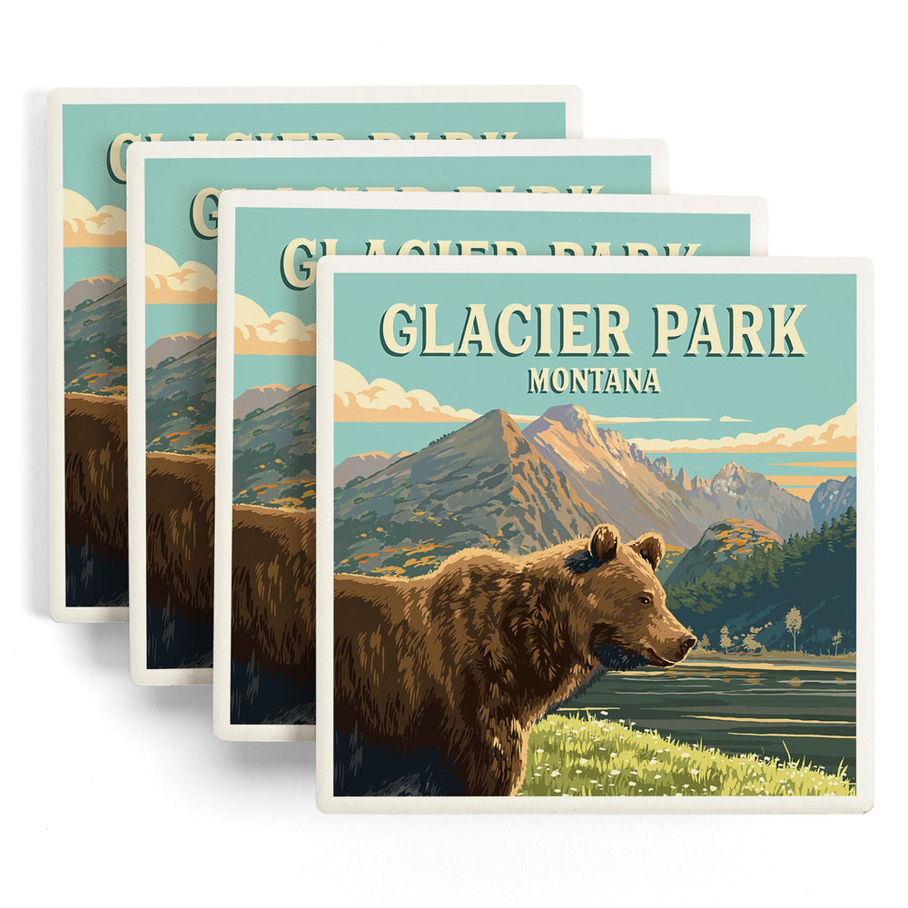 Glacier Park, Montana, Painterly, Bear, Coasters Coasters Lantern Press