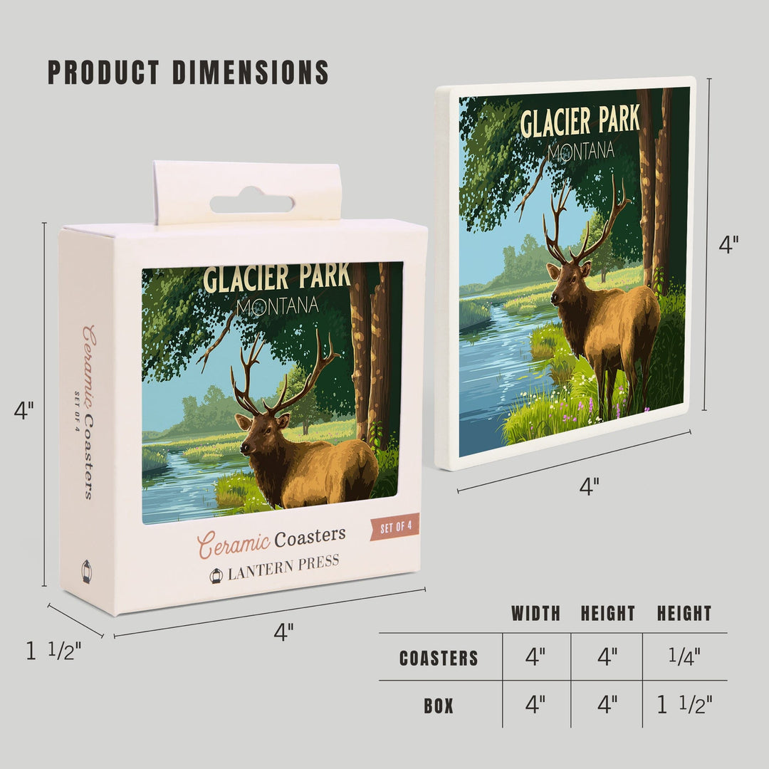 Glacier Park, Montana, Painterly, Roosevelt Elk, Coasters Coasters Lantern Press
