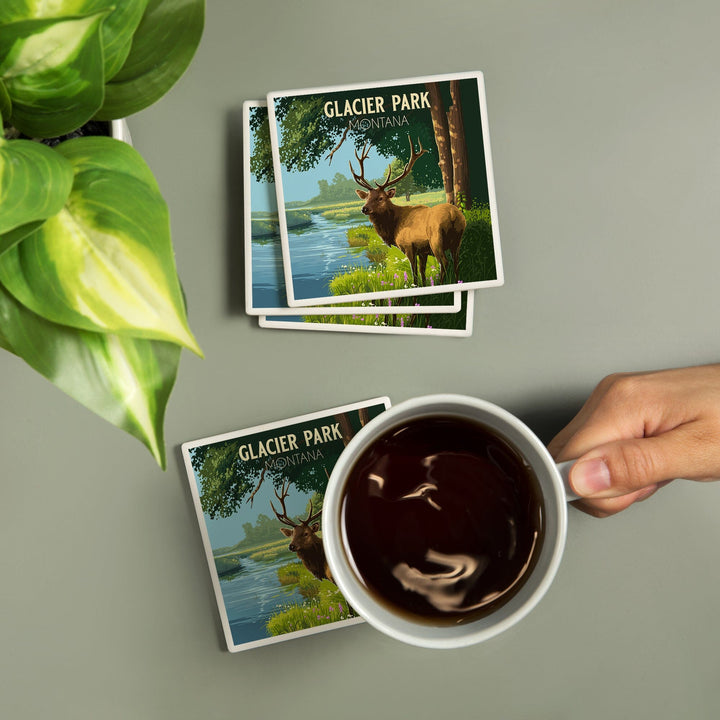 Glacier Park, Montana, Painterly, Roosevelt Elk, Coasters Coasters Lantern Press