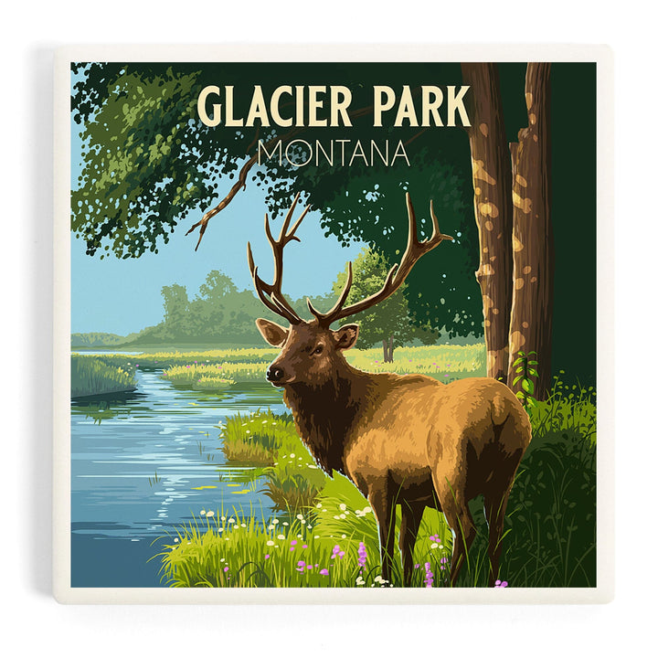 Glacier Park, Montana, Painterly, Roosevelt Elk, Coasters Coasters Lantern Press