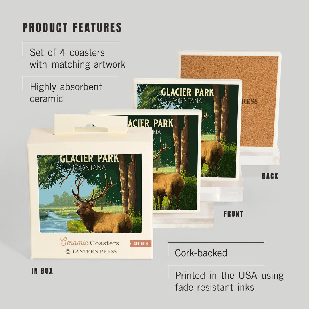 Glacier Park, Montana, Painterly, Roosevelt Elk, Coasters Coasters Lantern Press