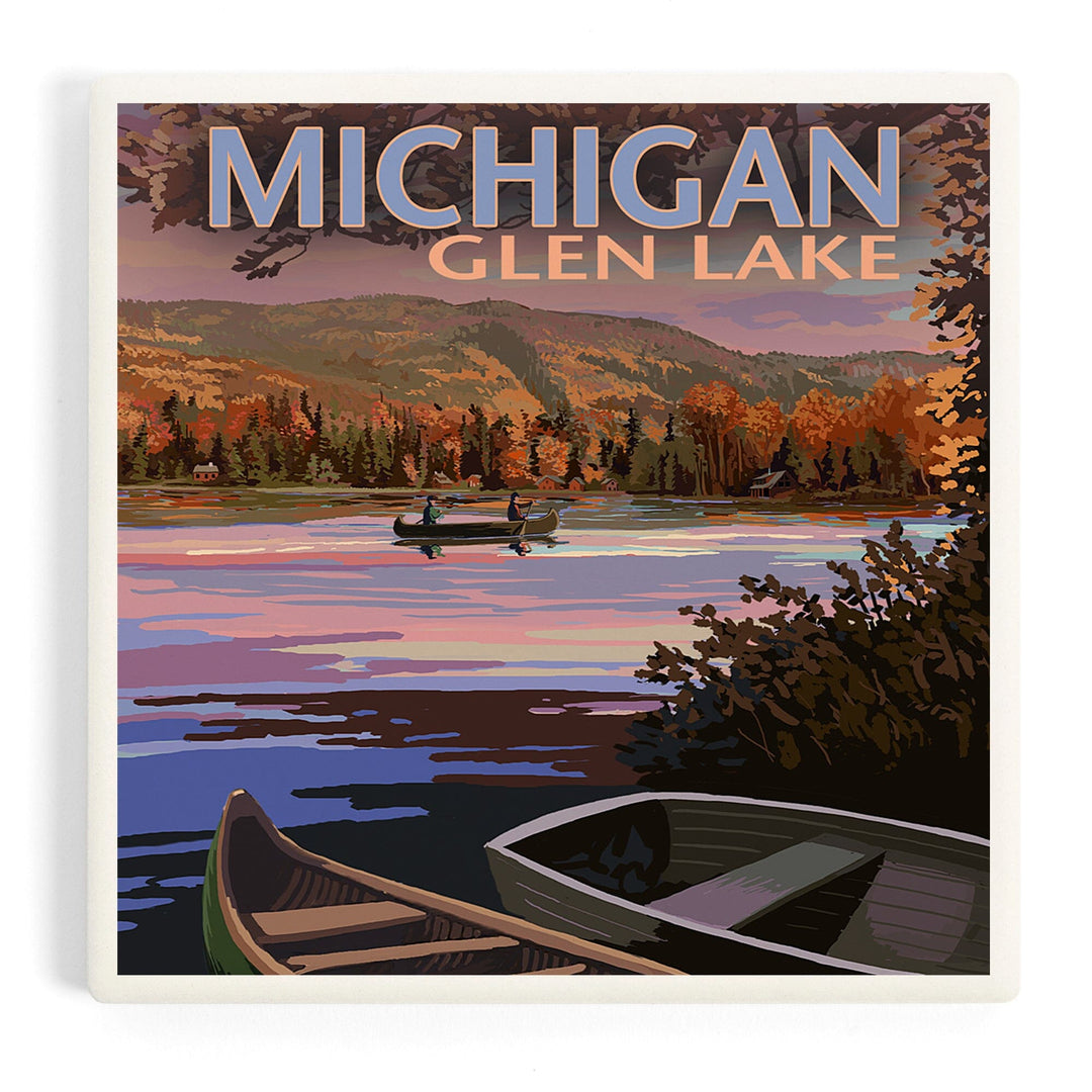 Glen Lake, Michigan, Lake Scene at Dusk, Coasters Coasters Lantern Press Coaster