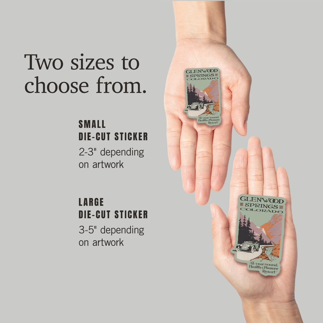 Glenwood Springs, Colorado, Vintage Car and Mountain, Contour, Artwork, Vinyl Sticker Sticker Lantern Press