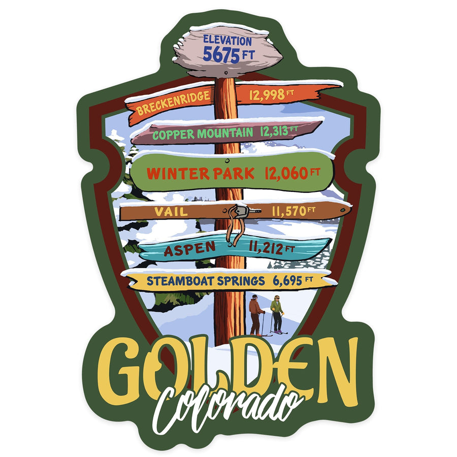 Golden, Colorado, Destinations Signpost, Contour, Vinyl Sticker - Lantern Press