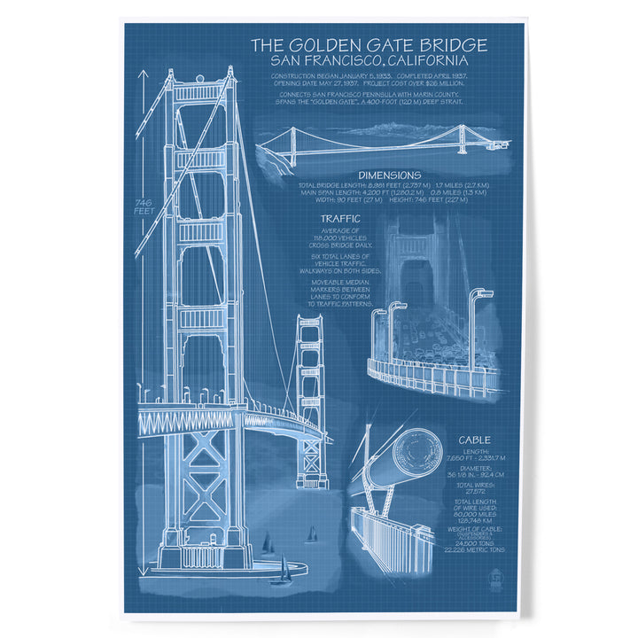 Golden Gate Bridge, Technical (Blueprint), Art & Giclee Prints Art Lantern Press