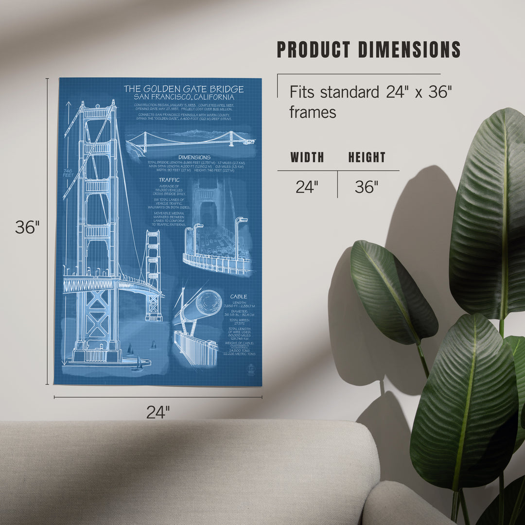 Golden Gate Bridge, Technical (Blueprint), Art & Giclee Prints Art Lantern Press