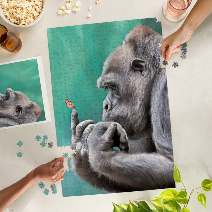 Gorilla Inspecting Butterfly on Finger, Jigsaw Puzzle Puzzle Lantern Press