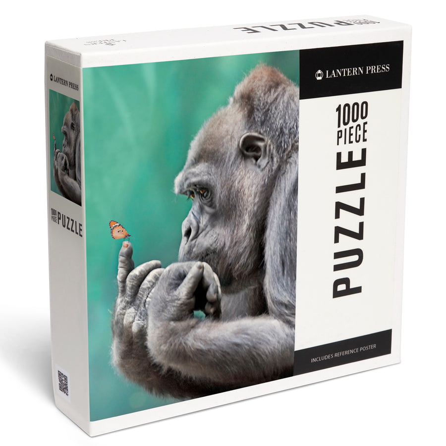 Gorilla Inspecting Butterfly on Finger, Jigsaw Puzzle Puzzle Lantern Press