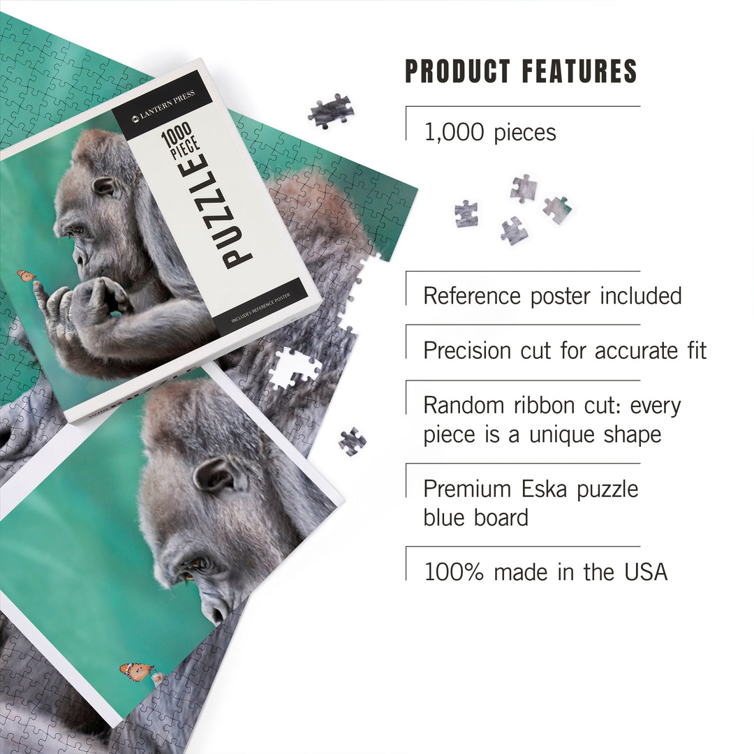 Gorilla Inspecting Butterfly on Finger, Jigsaw Puzzle Puzzle Lantern Press