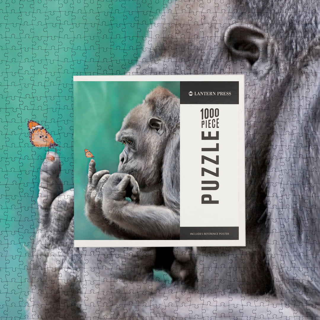 Gorilla Inspecting Butterfly on Finger, Jigsaw Puzzle Puzzle Lantern Press