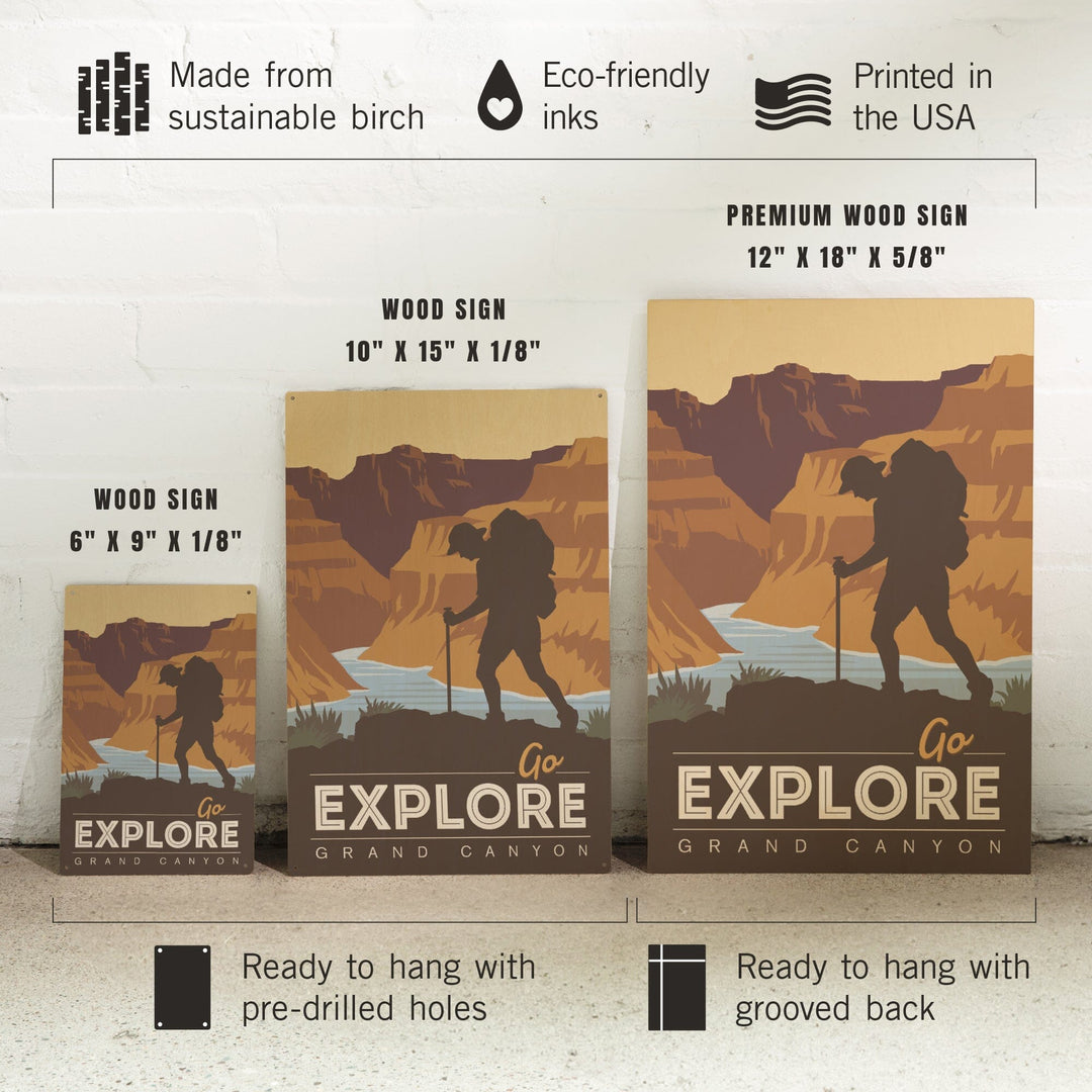 Grand Canyon National Park, Arizona, Go Explore, Backpacker, Vector Style, Wood Signs and Postcards Wood Lantern Press