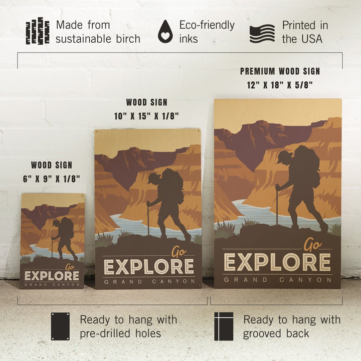 Grand Canyon National Park, Arizona, Go Explore, Backpacker, Vector Style, Wood Signs and Postcards Wood Lantern Press