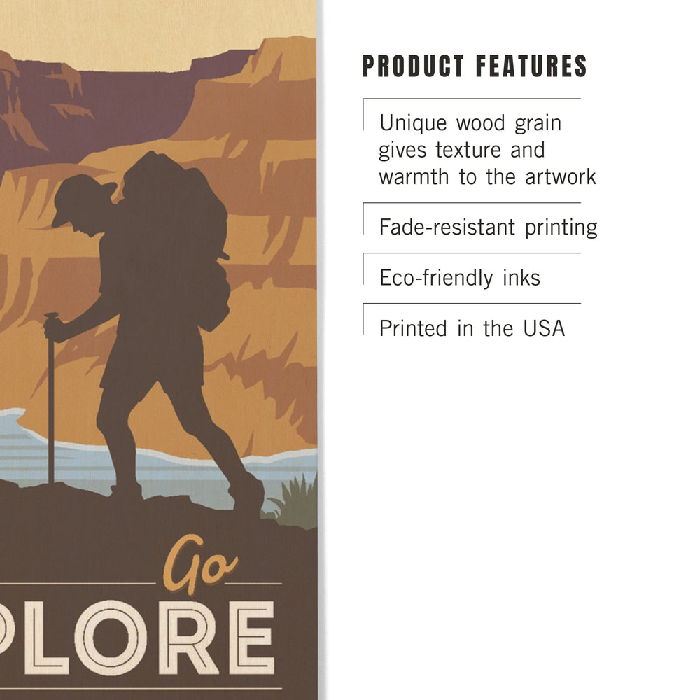 Grand Canyon National Park, Arizona, Go Explore, Backpacker, Vector Style, Wood Signs and Postcards Wood Lantern Press