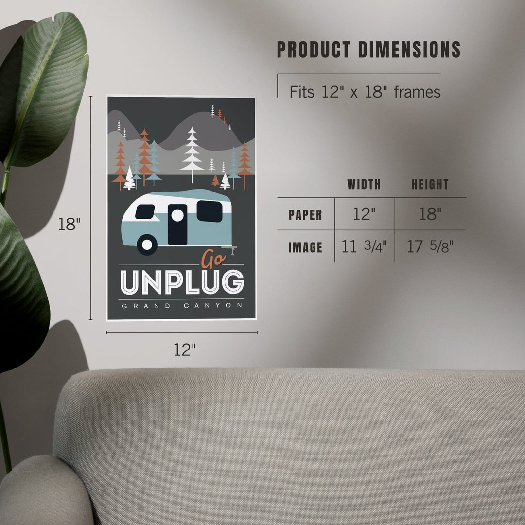 Grand Canyon National Park, Arizona, Go Unplug (Retro Camper), Vector Style, Art & Giclee Prints Art Lantern Press