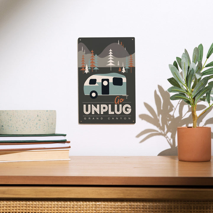 Grand Canyon National Park, Arizona, Go Unplug (Retro Camper), Vector Style, Wood Signs and Postcards Wood Lantern Press