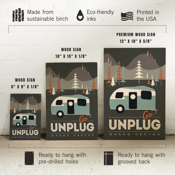 Grand Canyon National Park, Arizona, Go Unplug (Retro Camper), Vector Style, Wood Signs and Postcards Wood Lantern Press