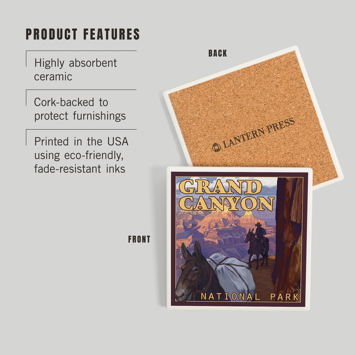 Grand Canyon National Park, Arizona, Mule Train, Coasters Coasters Lantern Press