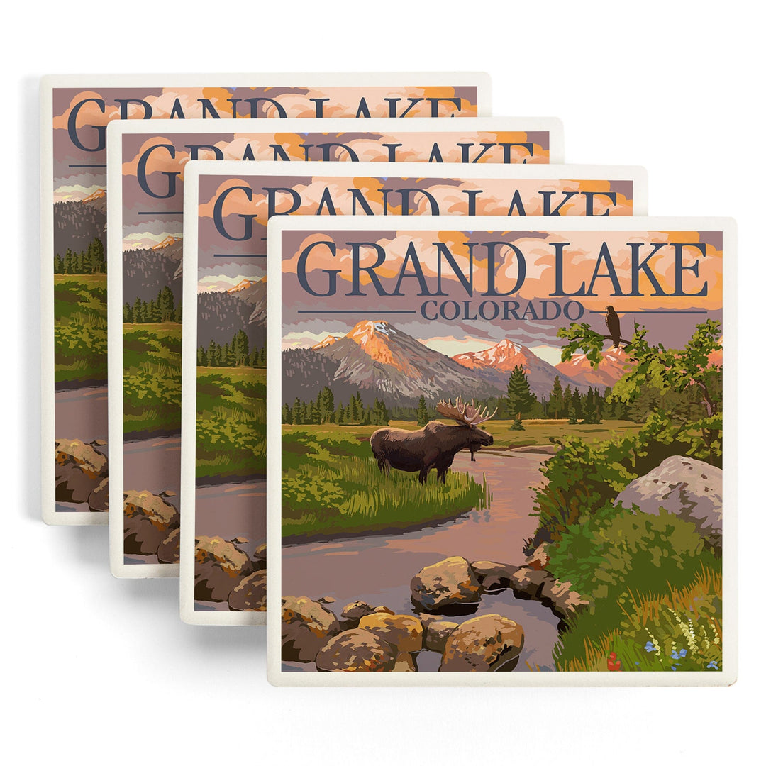 Grand Lake, Colorado, Moose and Mountain Stream at Sunset, Coasters Coasters Lantern Press