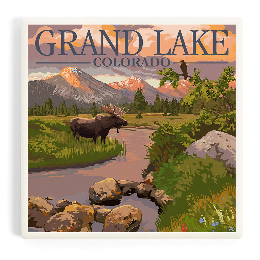 Grand Lake, Colorado, Moose and Mountain Stream at Sunset, Coasters Coasters Lantern Press