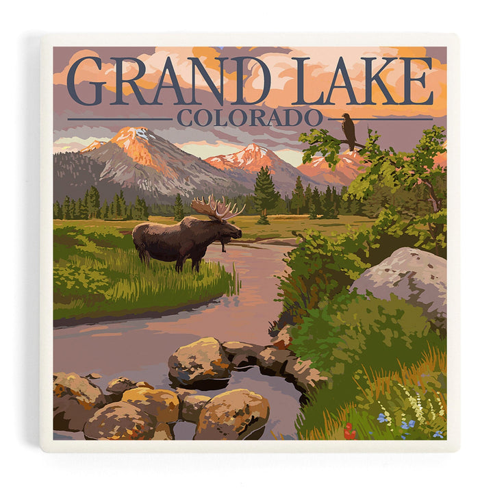 Grand Lake, Colorado, Moose and Mountain Stream at Sunset, Coasters Coasters Lantern Press Coaster