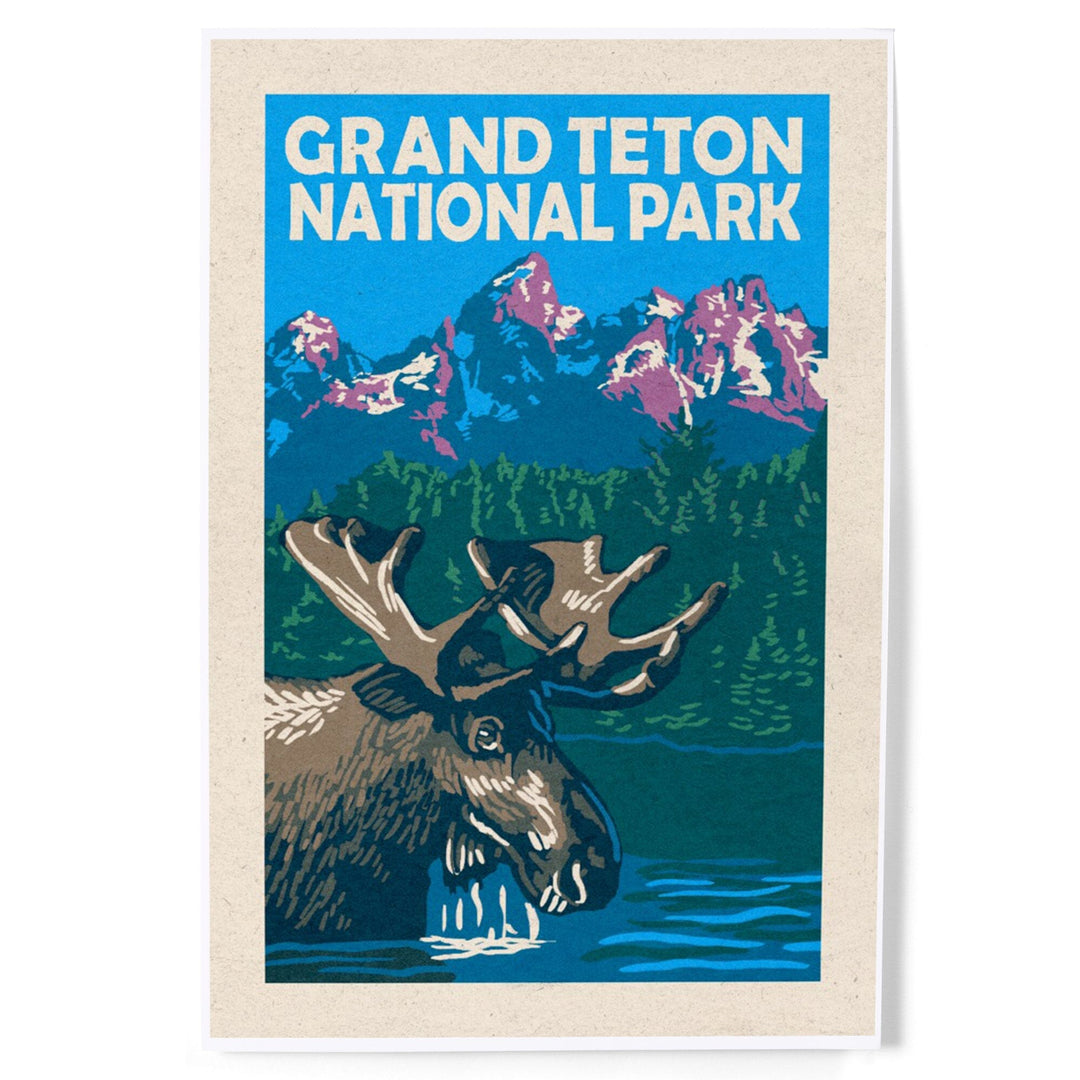 Grand Teton National Park, Moose in Lake, Woodblock, Art & Giclee Prints - Lantern Press