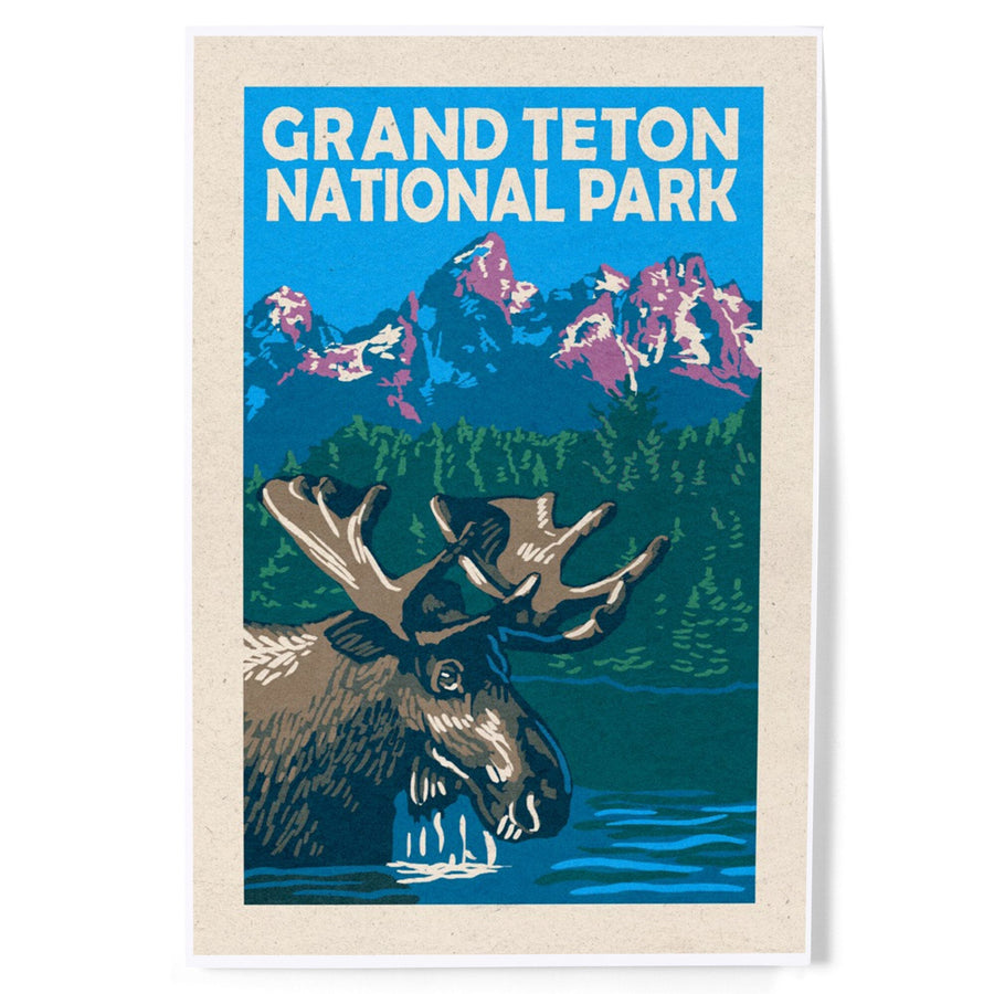 Grand Teton National Park, Moose in Lake, Woodblock, Art & Giclee Prints - Lantern Press