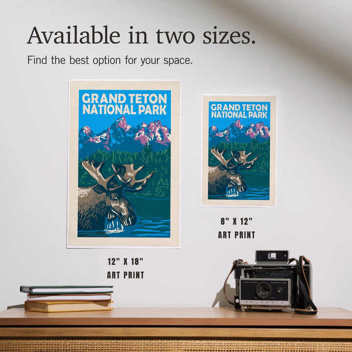 Grand Teton National Park, Moose in Lake, Woodblock, Art & Giclee Prints - Lantern Press