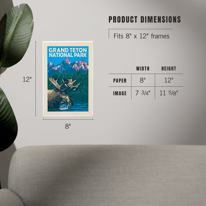 Grand Teton National Park, Moose in Lake, Woodblock, Art & Giclee Prints - Lantern Press