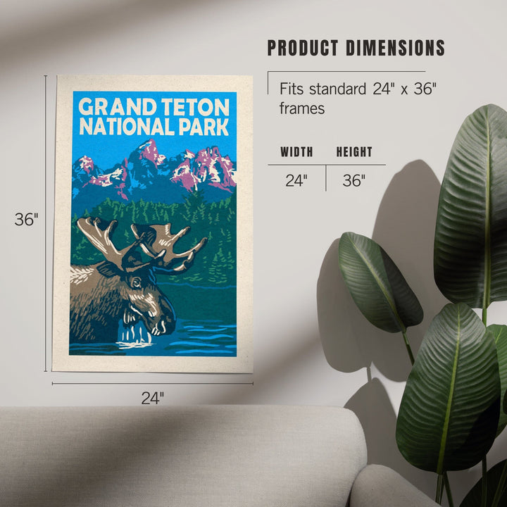 Grand Teton National Park, Moose in Lake, Woodblock, Art & Giclee Prints - Lantern Press