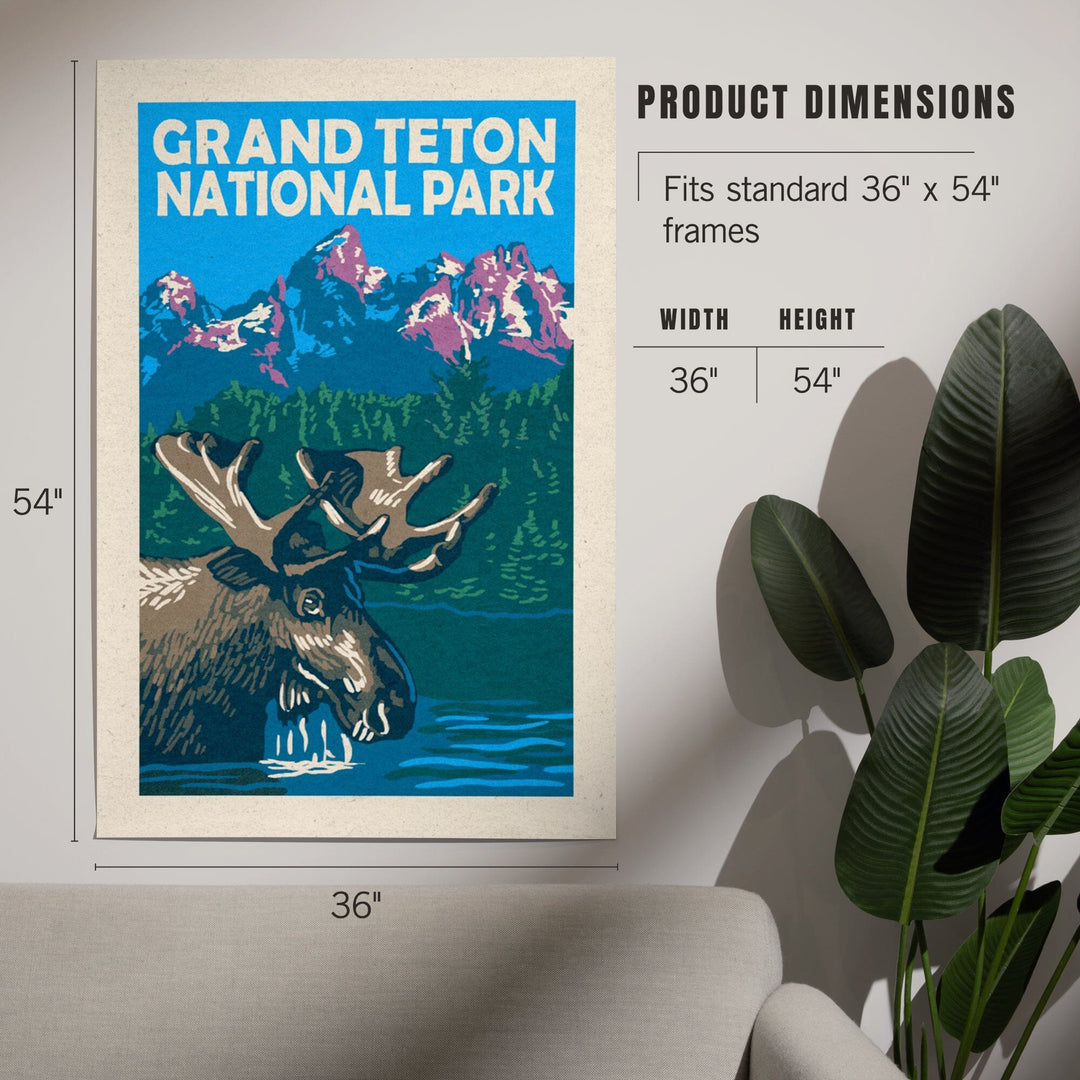 Grand Teton National Park, Moose in Lake, Woodblock, Art & Giclee Prints - Lantern Press