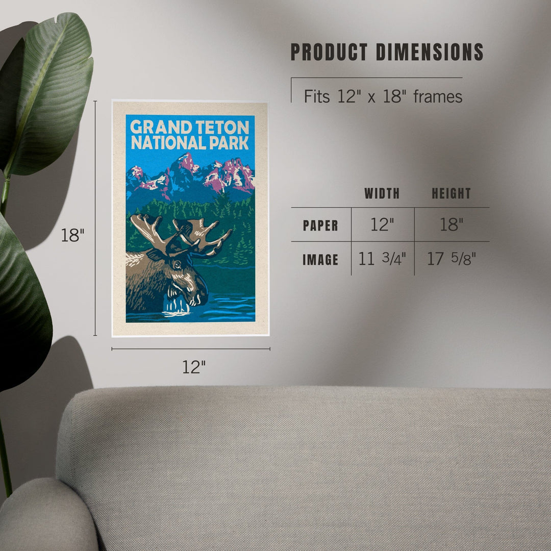 Grand Teton National Park, Moose in Lake, Woodblock, Art & Giclee Prints - Lantern Press