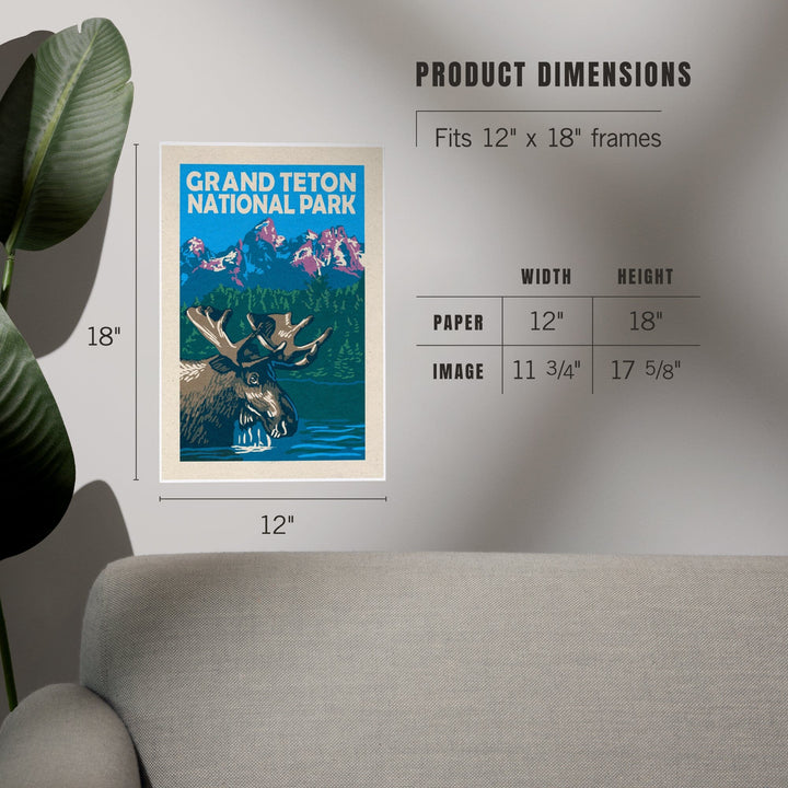 Grand Teton National Park, Moose in Lake, Woodblock, Art & Giclee Prints - Lantern Press